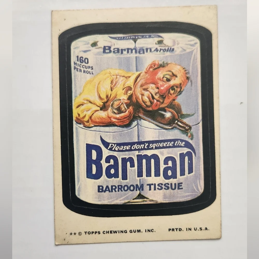 🧻 RARE Tan Back Vintage 1973 Wacky Packages - Barman Sticker (Topps) trading🍻